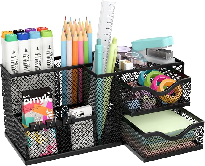 Mesh Desk Organizer, Pen Organizer with 2 Drawers and 5 Compartments, Versatile Pen Holder for Small Space, Desk Organizers and Accessories for School Office Supplies, Black