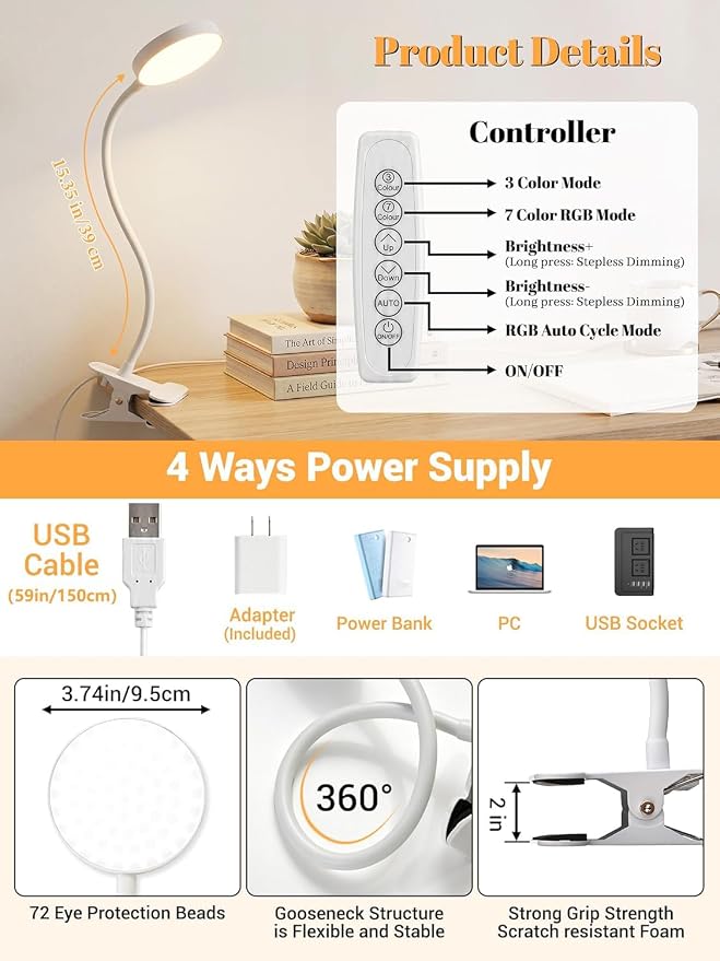 Clip on Lamp,10 RGB Colors+10 Brightness Clamp Light, 500 Lumen Bright Desk Lamp with Clamp, 72 LED Desk Light with USB Adapter, Clip on Reading Light for Bed/Headboard/Bedside Table/Bedroom/Dorm