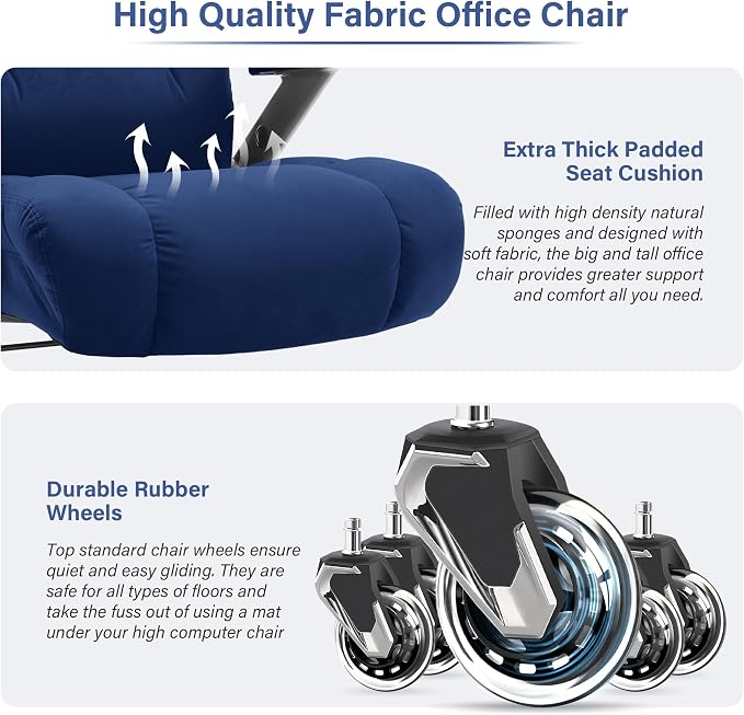 Big and Tall Office Chair 700lbs, Fabric Heavy Duty Executive Desk Chair | 3D Flip Arms, Extra Wide, Upgraded Wheels, Adjustable Lumbar Support, Metal Base, Large Ultra-Soft Ergonomic Computer Chairs