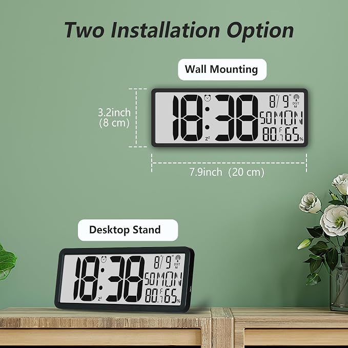 Digital LCD Atomic Desktop Clock, 7.8" Screen with Time, Date, Temperature, Humidity, Alarm, Snooze, DST, Time Zone for Home, Office (No Backlight)