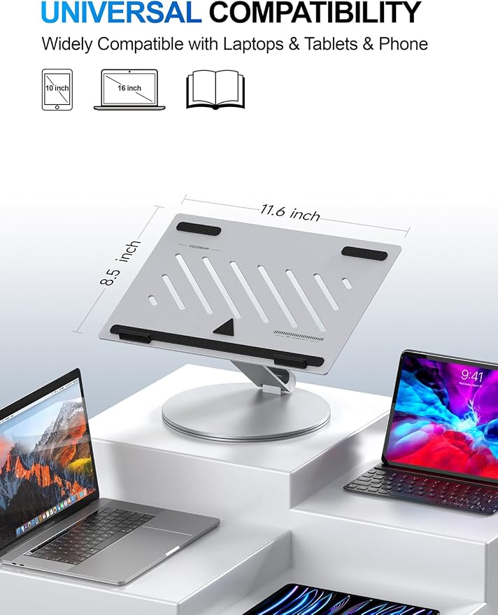 YICOSUN Laptop Stand for Desk, 360° Rotating Height Adjustable Computer Stand, Ergonomic Aluminum Laptop Riser with Ventilated Cooling, Foldable for 10-16 inch MacBook Pro Air Neo Dell HP - Silver