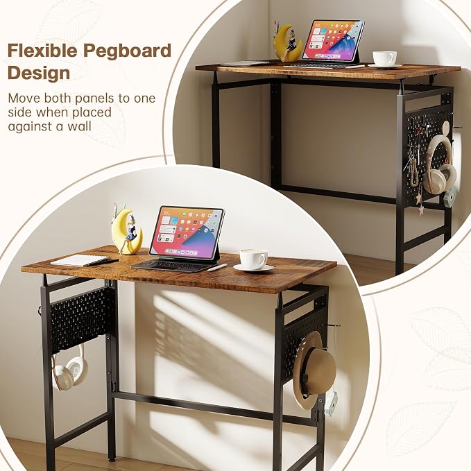 Hadulcet 31'' Foldable Computer Desk, Small Desk with Movable Pegboard Panels, Folding Desk with Storage, Portable Computer Desk for Study Room & Office & RV, for Small Spaces, Rustic Brown