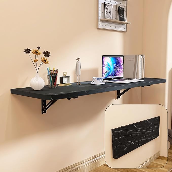Wall Mounted Folding Table 40"x 16" with Removable Heavy-Duty Brackets Support Up to 200 Pounds Folding Desk for Small Space Home Laundry Room Office Rv Suitable for Solid Wall (Black Marble Pattern)