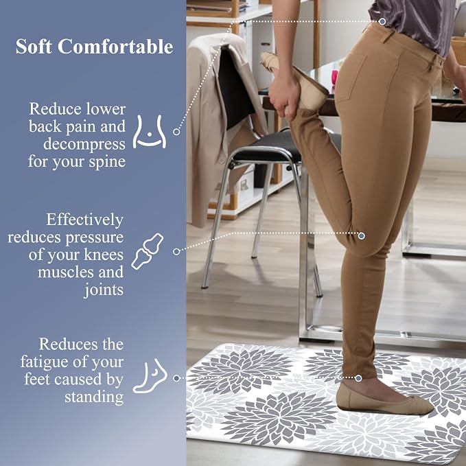 HEBE Anti Fatigue Kitchen Rugs Set of 2, Cushioned Kitchen Mats for Floor | Non Slip Washable Kitchen Runner Rug Set, Floral Stain Resistant Waterproof Comfort Mat Carpet for Sink, Standing Desk