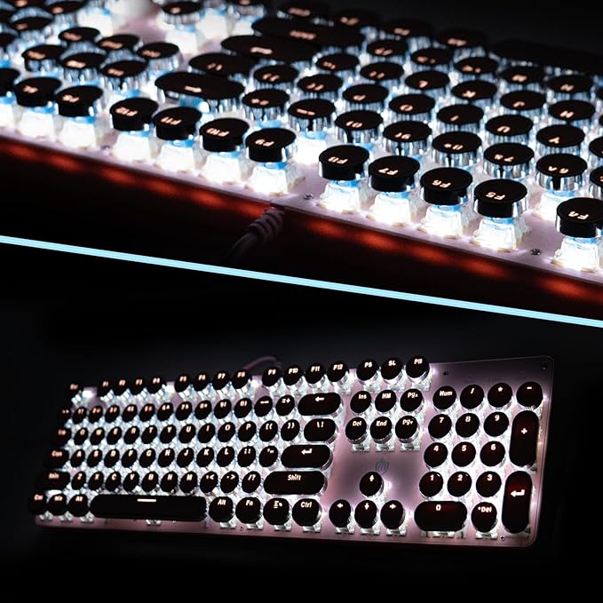 Typewriter Style Mechanical Gaming Keyboard LED Backlit Wired with Blue Switch Retro Round Keycap 104 Keys Keyboard (Pink 104Keys LED)