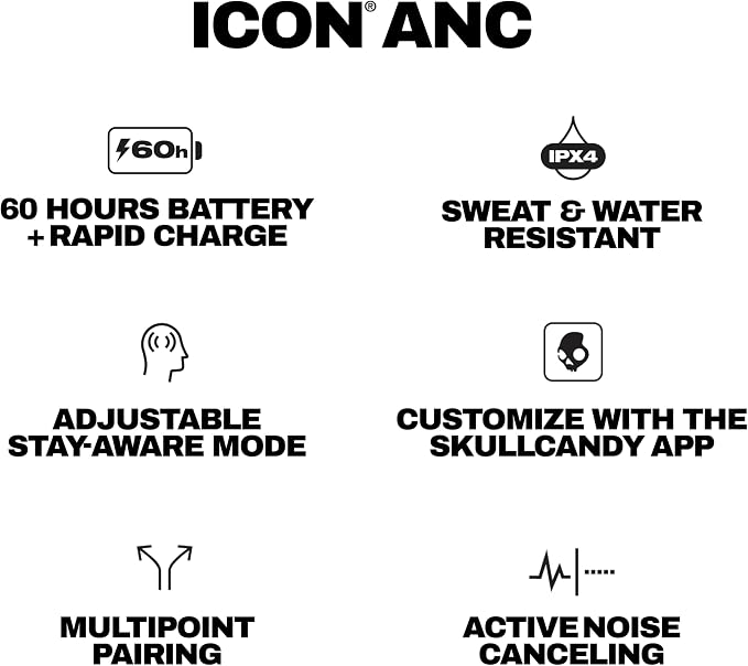 Skullcandy Icon ANC Wireless On-Ear Bluetooth Headphones, Active Noise Cancelling, 60 Hours Battery, Sweat Water Resistant, Foldable Durable Travel Ready, Microphone for iPhone Android - Bone