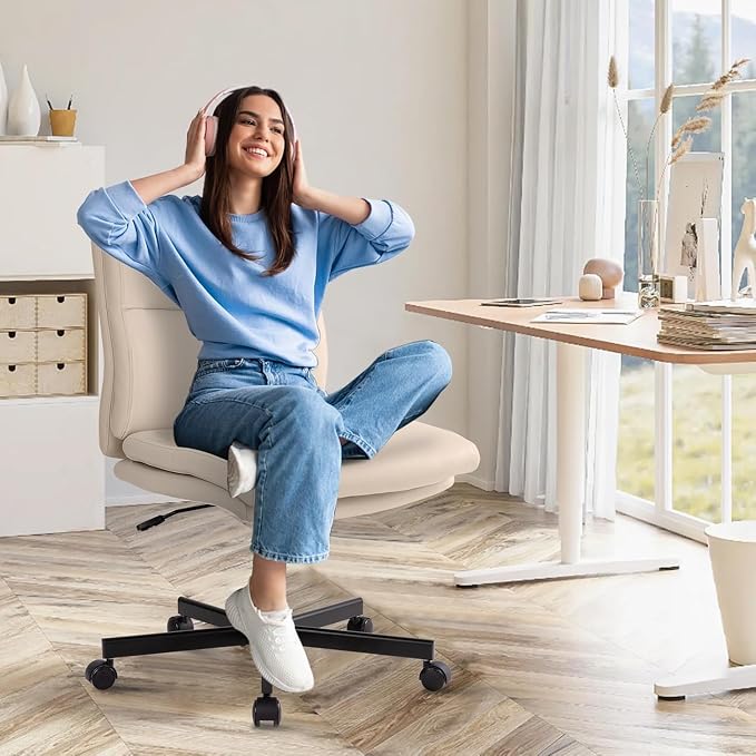 LUCKWIND Armless Office Desk Chair with Wheels, Mid-Back Criss Cross Swivel Task Chair, Height Adjustable Cushioned Vanity Chair, Double Padded PU Leather Chair for Home, Office & Bedroom, Beige White