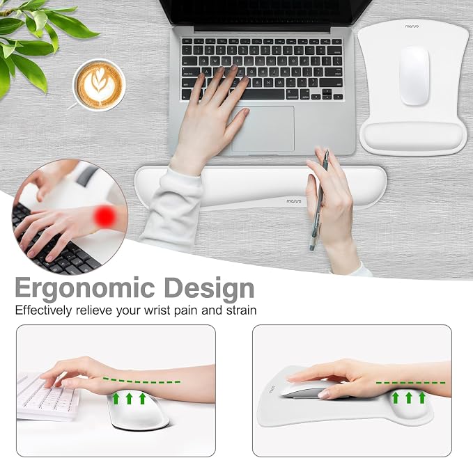 MOSISO Wrist Rest Support for Mouse Pad & Keyboard Set, Ergonomic Mousepad Non-Slip Base Home/Office Pain Relief & Easy Typing Cushion with Neoprene Cloth & Raised Memory Foam, White