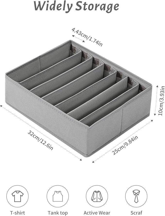 4 Packs Adjustable T-shirt Drawer Organizers for Clothing with 6 Adjustable Dividers, 7 Grids Wardrobe Storage Box, DIY Clothes Organizer for Folded Clothes, T-shirt, Legging
