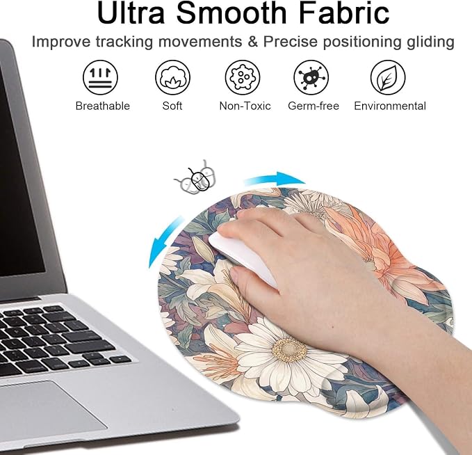 Britimes Floral Vintage Daisy Cottagecore Ergonomic Mouse Pad Set with Wrist Rest Non-Slip Rubber Base Wrist Cushion Support and Coasters Mousepad with Wrist Support for Computer Keyboard and Desk