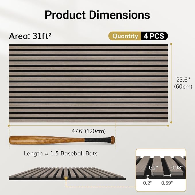 TONOR Wood Wall Panels for Interior Wall Decor, 4 Pack 47.2" x 23.6"(31ft²) Wood Slat Acoustic Panels, Soundproof Wall Panels for Noise Cancelling and Decoration, Living Room, Bedroom, Office, Gray