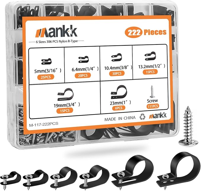mankk 222PCS Cable Clips Wire Clips Assortment Kit Nylon Plastic R-Type Cable Clamps 6 Sizes (3/16'' 1/4'' 3/8'' 1/2'' 3/4'' 1'') Wire Mounting Clips with Screws for Cable Management