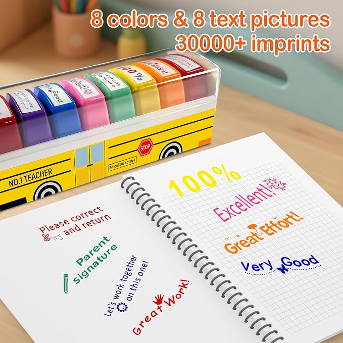 Teacher Stamps for Grading Classroom, New Teacher Appreciation Gifts, Self-Inking Motivation Great Job Parent Signature Stamp for Homework Must Haves, Teacher Supplies (8 pcs)