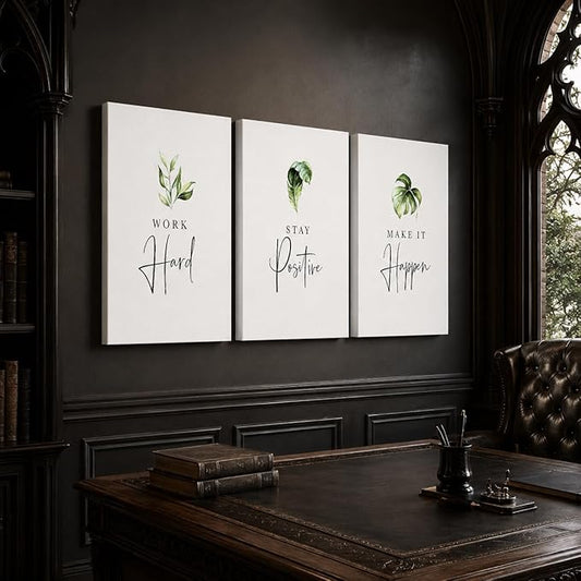 3 Piece Inspirational Wall Art, White Plants Sayings Picture, Quotes Work Stay Make it Canvas Prints for Office Decor, Triptych Entrepreneur Framed Artwork for Women Men Home Wall Decor (36" Wx18 H)
