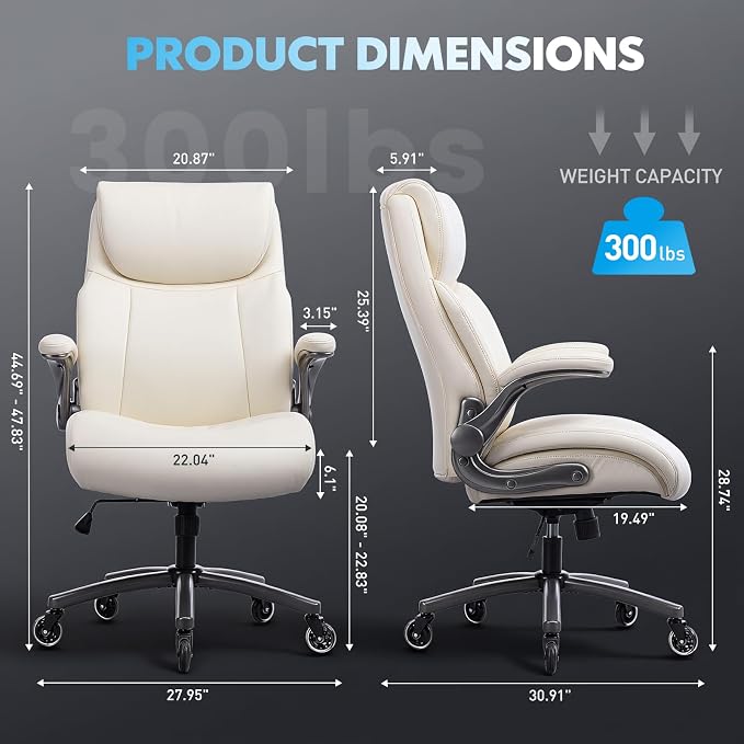 MALOL 300lbs Ergonomic PU Leather Office Chairs, High-Back y Home Computer Executive Chair with Lumbar Support and Flip-Up Arms, Beige
