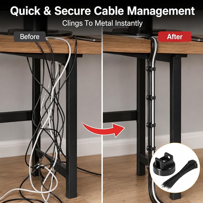 Magnetic Zip Tie Mounts 20mm, 15 Pack Cable Tie Mount Bases with 50 Zip Ties, Heavy Duty Cable Clips for Wire Management, Magnet Cord Holder Organizer for Desk, PC, Home Office
