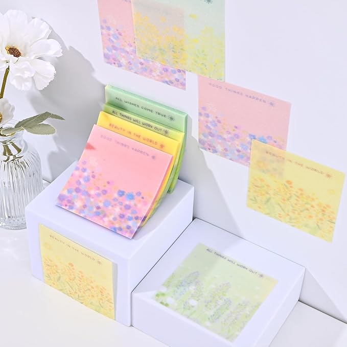 200 Sheets Transparent Sticky Notes, 3 x 3 Clear Self-Stick Note Glitter, Aesthetic Translucent Memo Pads, See Through Self-Adhesive Note for Office School (Multicolored Flower)
