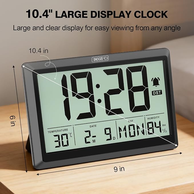 XREXS 10.4 Inch Digital Wall Clock Battery Operated Large Display Clock | Digital Calendar with Indoor Temperature/Humidity/Date/Day, Auto DST for Classroom, Livingroom, Office(No Backlight)