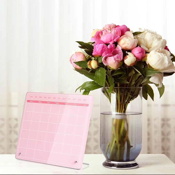 Calendar Dry Erase Board,12"X10",Acrylic Desk Calendar with Stand,Pink Dry Erase Board for Home Office School
