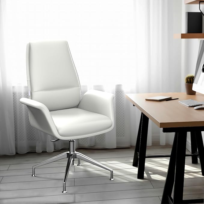 LeisureMod Mid-Century Modern Swivel Office Chair, Adjustable Height with Faux Leather Seat and Aluminum Frame (White, Set of 2)