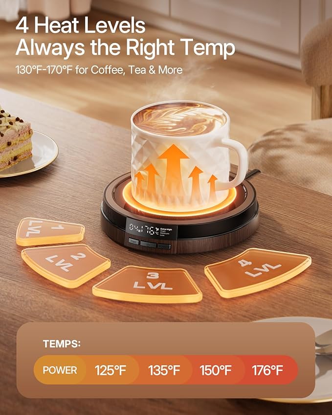 Coffee Mug Warmer for Desk, 50W Fast Heating Cup Warmer with Smart Display, 4 Temps & 12H Timer, Auto Shut Off for Tea, Milk, Hot Drinks - Dark Wood Effect