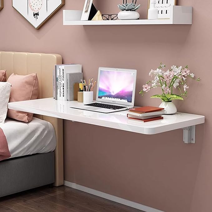 Wall Mounted Folding Table,floating desk for wall,folding wall desks for small spaces,hanging desk for Home Office Computer Workstation,Study Work Bench, Kitchen Dining (White, 35.4"×19.6"(90×50cm))