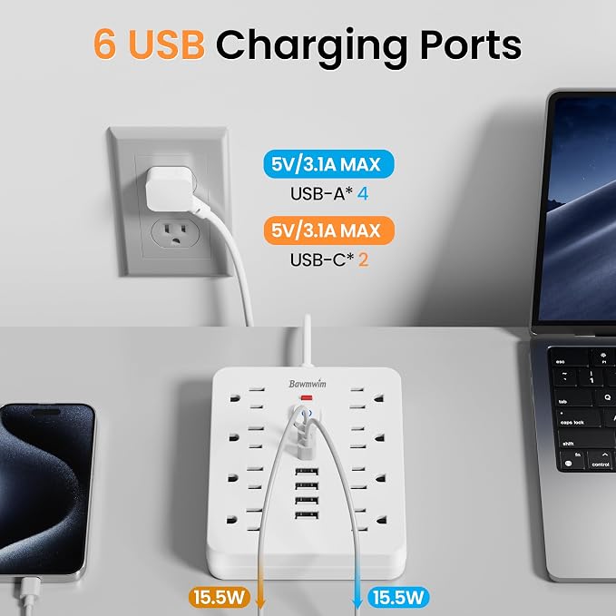 Surge Protector Power Strip - 8 Outlets(1850W/15A/14AWG) 4 USB A（2 USB C, 20FT Flat Plug Extension Cord, Wall Mount Multi Plug Outlet Extender, ETL Listed for Home, Dorm Room