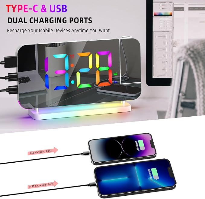 Projection Alarm Clock for Bedroom Ceiling,RGB Digital Clocks with 10 | Colors RGB Night Light,Loud Alarm Clock for Heavy Sleepers,USB C Charger Port,Snooze,12/24H,Auto Dimming
