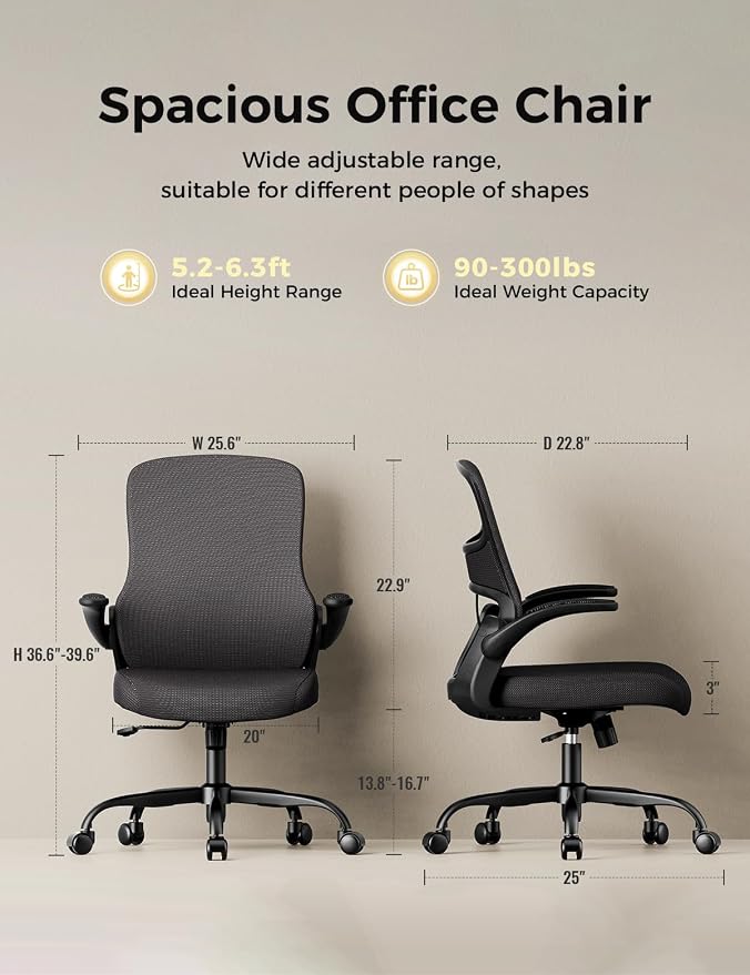Small Mesh Office Chair with Flip-Up Arms, Ergonomic Desk Chair | Adaptive lumbar contour, 2.8inch dual-density foam and quiet casters aid computer work; 90° folding design tucks under table