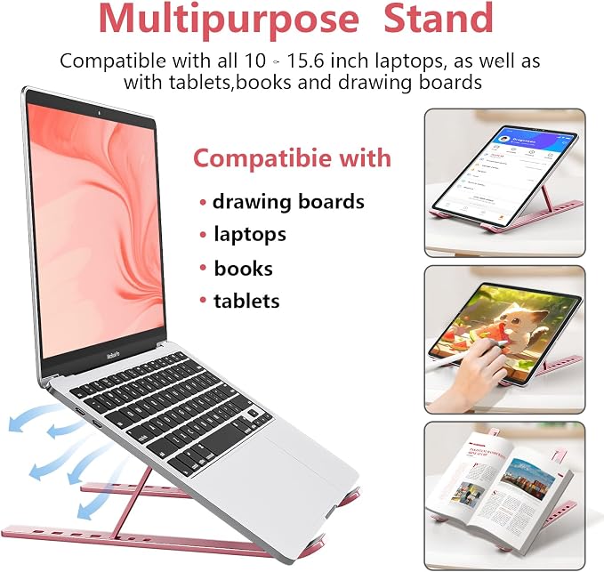 Laptop Stand for Desk, Aluminum Metal MacBook Stand，Computer Riser for Desk, Portable Foldable Adjustable Notebook Holder, Compatible with 10-15.6 Inch Laptops, iPad, Rose Gold.