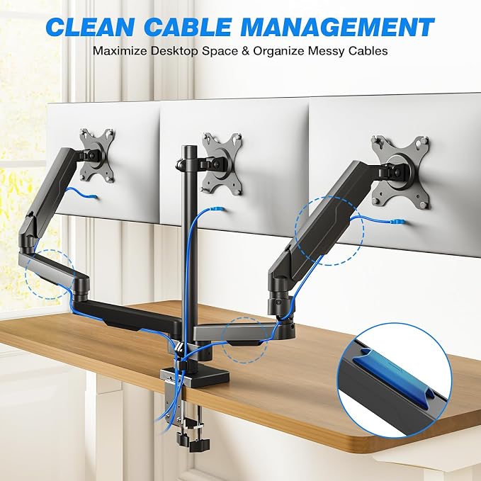 Triple Monitor Mount for 17-32" Screens, VESA 75/100mm | Holds up to 19.8lbs per Arm. Full Motion Tilt, Swivel, 360 Rotation, Extra Tall Pole, C-clamp/Grommet Base.