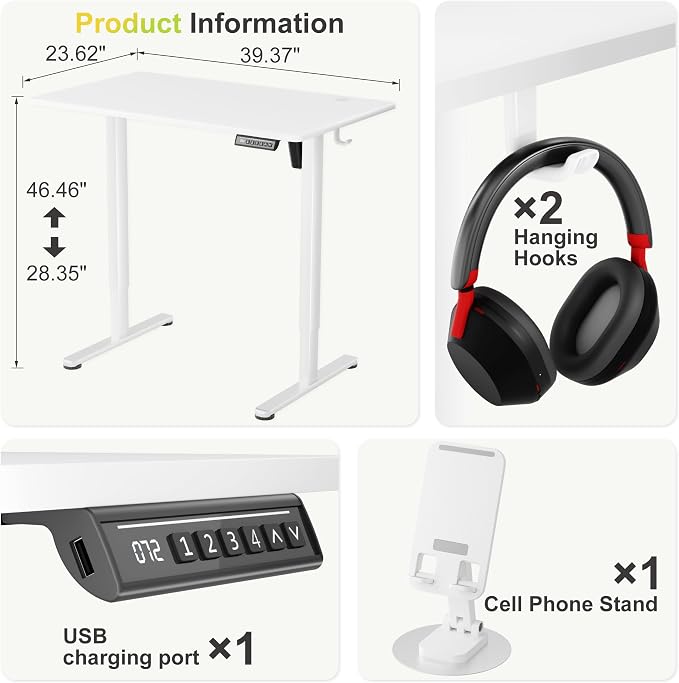 Furmax Electric Standing Desk, 40 x 24 Inches Sit Stand up Desk, Sit Stand Height Adjustable Home Office Desk with 4 Height Position Memory (White, 40)