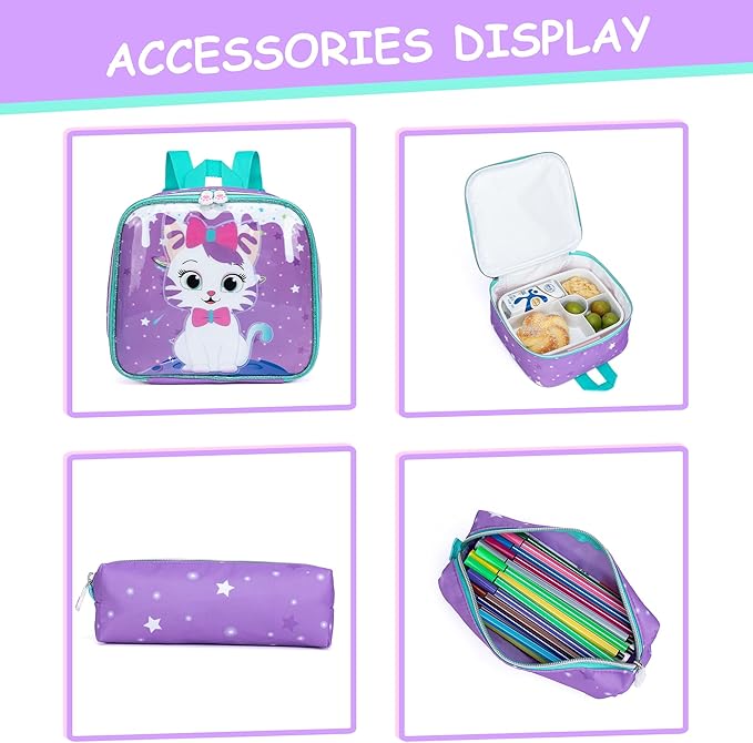 Backpack for School Backpacks for Girls Backpack with Lunch Box Cute Schoolbag for Kids School Supplies for Kids Cute Cat School Bag for Girls