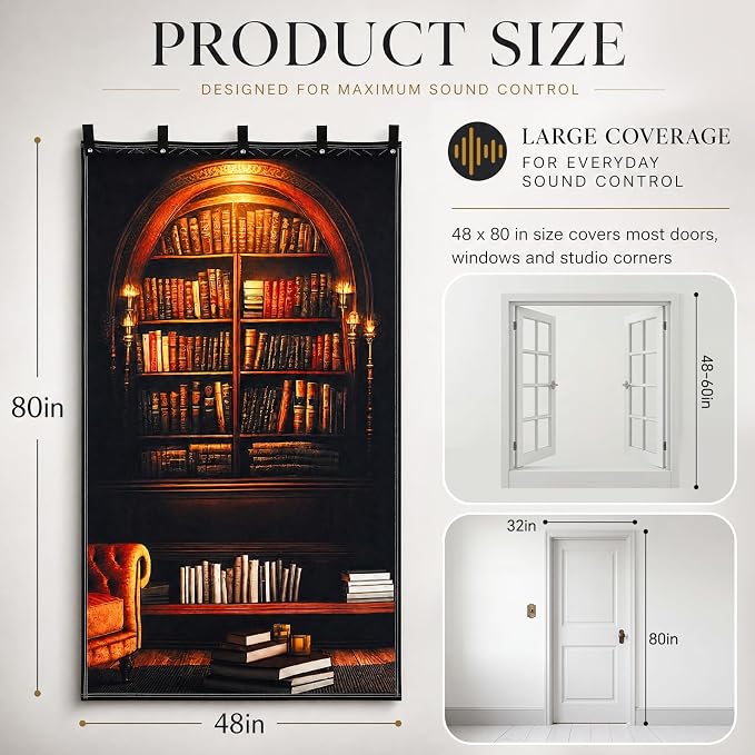 Tegeme Vintage Sound Dampening Blanket, Soundproof Curtain 80 x 48 Inch, Decorative Soundproof Blanket with Grommets for Windows, Doors, Studio Corners, Music Recording, Retro Bookshelf Printed