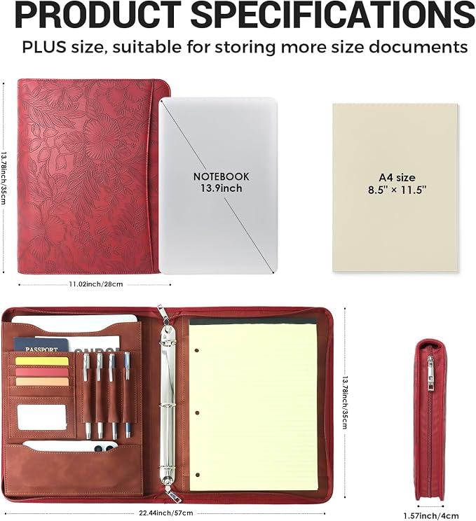 A4 Embossed Faux Leather Zippered Padfolio with 3 Ring Binder, Executive Portfolio Organizer Binder for Women, Fits 13.9" Laptop/Tablet, Refillable Writing Pad Pocket, Red