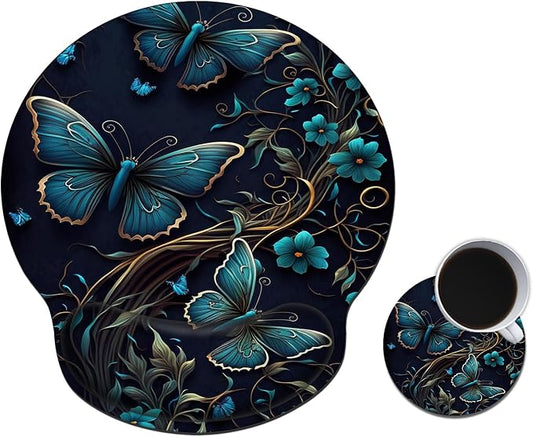 Mouse Pad with Wrist Support Gel, Ergonomic Mouse Pad with Comfortable Wrist Rest, Gaming Mousepad Non-Slip PU Base for Laptop Office Easy Typing & Pain Relief,Purple Butterfly Flower