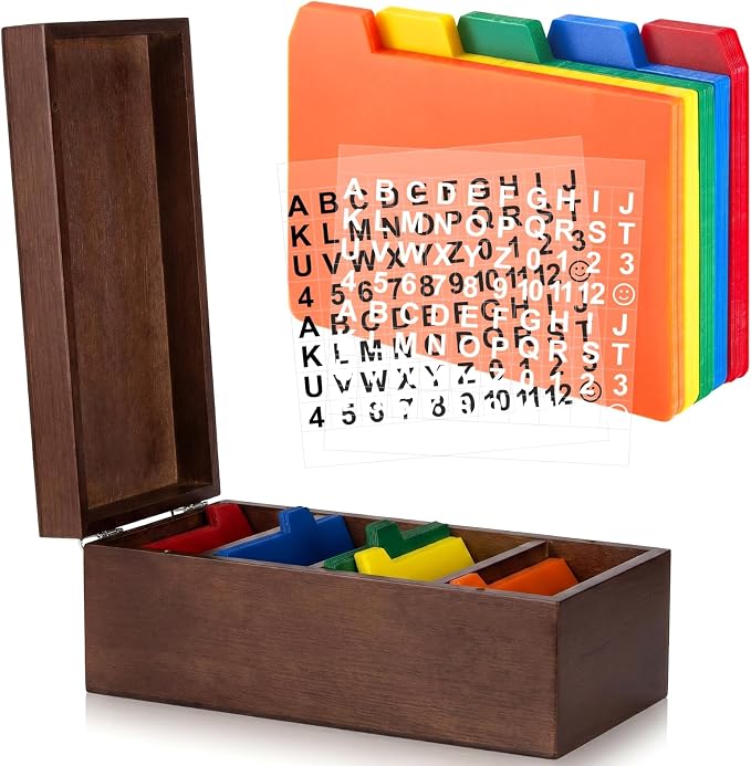 3 x 5 Inch Index Card Holder Set, Bamboo Index Cards Organizer, 50 Pcs Dividers 2 Sheets Alphabet Number Stickers File Note Holders for Office Business Classroom, Brown
