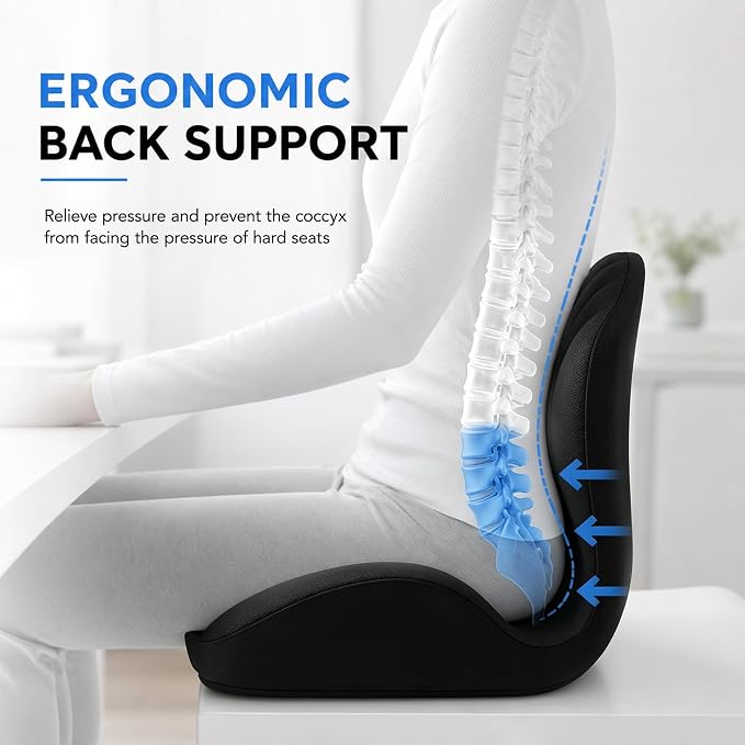 Non-Slip Ergonomic Seat Cushion for Office Chair, High-Density Memory Foam Desk Chair Cushions with Lumbar Support & Tailbone Pain Relief, Breathable Two-Tone Butt Pillow for Car, Gaming Chair - Black