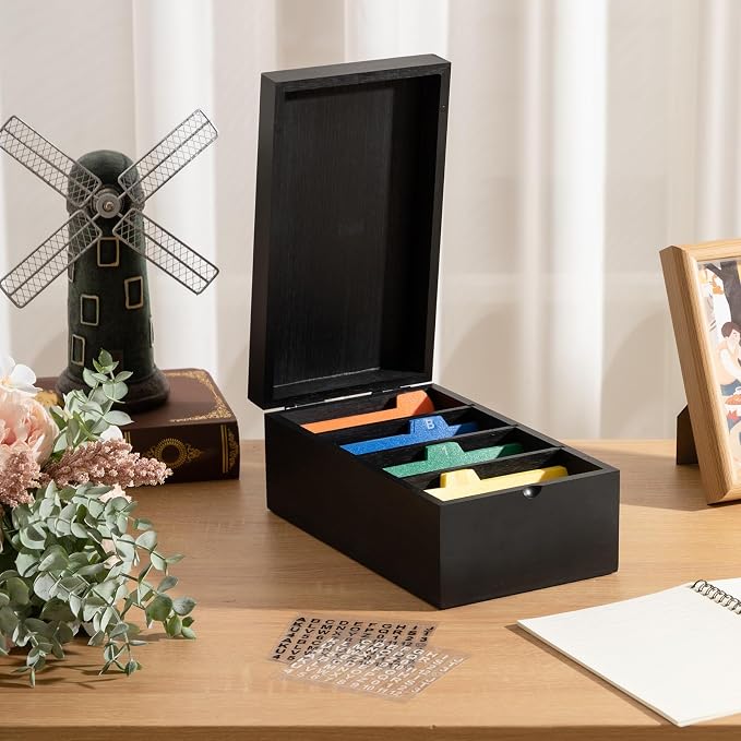 3 x 5 Inch Index Card Holder Set, Bamboo Organizer Box with 50 Dividers & 2 Sheets Alphabet Number Stickers File Note Holders, Holds 1200 Cards for Office Business Home Kitchen, Black