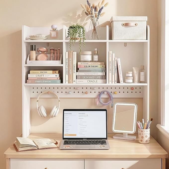 OOOK 35.8" L White Desk Hutch with Pegboard, Dorm Desk Organizer | Multipurpose Desktop Bookshelf for Dorm Office Home, 3-Tier Wooden Display Rack for Computer Desk