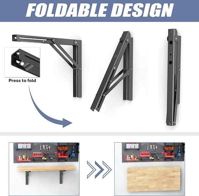 WALMANN 16 inch Folding Wall Shelf Brackets, Wall-Mounted Collapsible Brackets for Workbench/Table, 150 lbs Capacity, Space-Saving Hinges for Garage, Kitchen, Laundry(No Board)