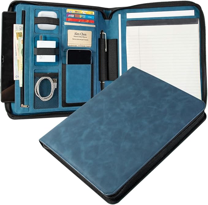 Leather Business Portfolio Organizer 13.4", Padfolio Binder for Women with Zipper, Fits 13" Laptop/Cellphone Charger Legal Pad Portfolio Document Folder ﻿ (Blue)