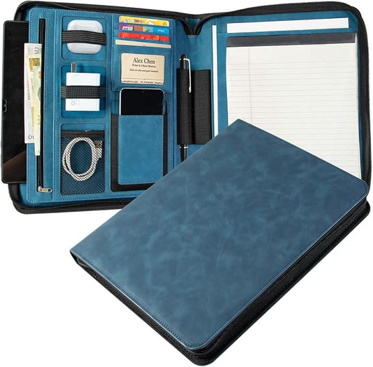 Leather Business Portfolio Organizer 13.4", Padfolio Binder for Women with Zipper, Fits 13" Laptop/Cellphone Charger Legal Pad Portfolio Document Folder ﻿ (Blue)