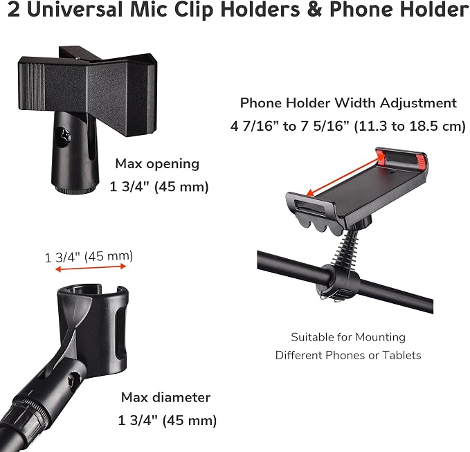 AW 6 Packs Microphone Boom Arm Stand Dual Mic Clips Adjustable Tripod Phone Holder for Performance Singing Wedding Stage and Outdoor