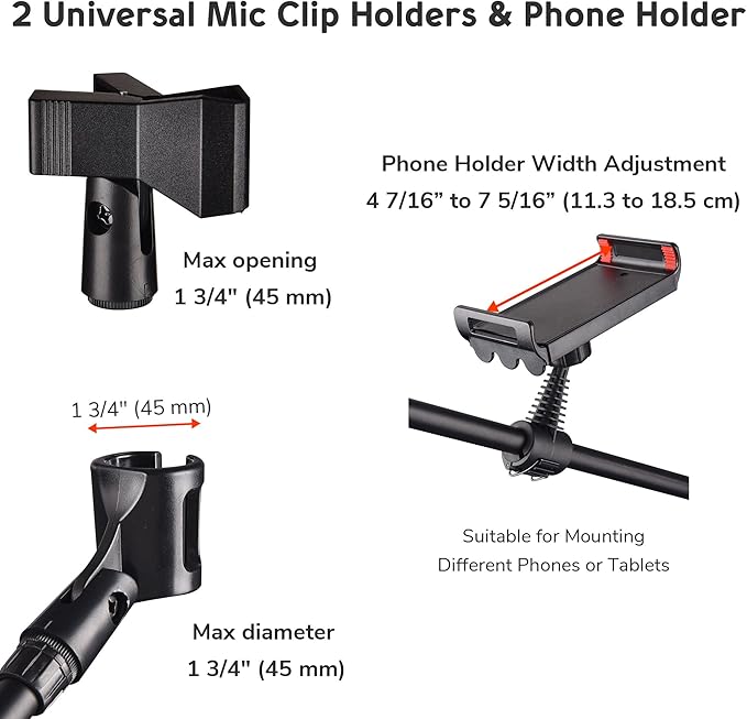 AW 12 Packs Microphone Boom Arm Stand Dual Mic Clips Adjustable Tripod Phone Holder for Performance Singing Wedding Stage and Outdoor