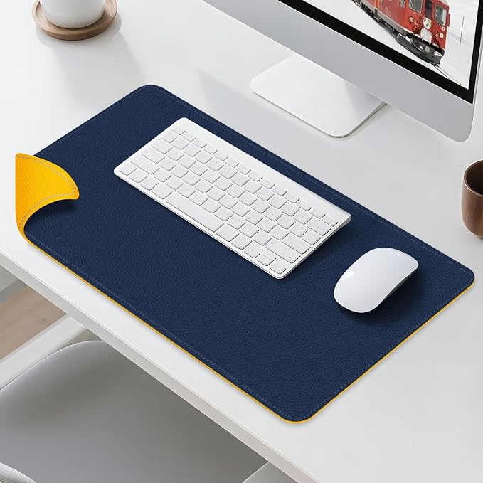 Dual Sided Leather Desk Mat - Waterproof Desk Pad - Ideal for Large Mouse Pad and Desk Mats on Top of Desks (Dark Blue, 25"*13")