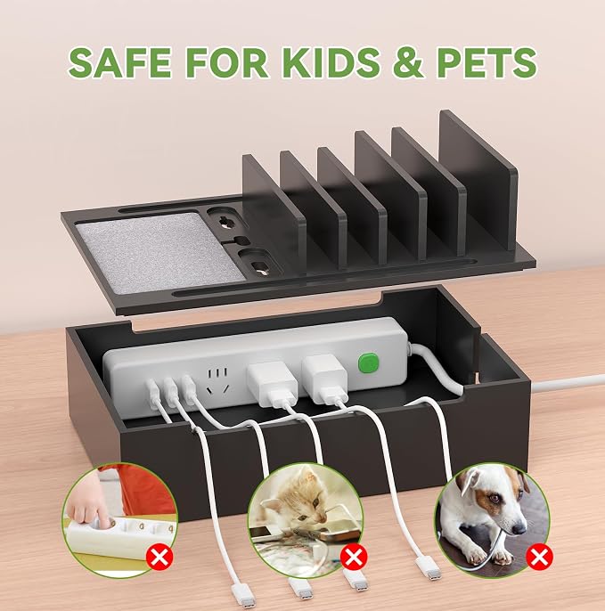 Pezin & Hulin Bamboo Charging Station-Black, (No USB Charger and Cables) | Electronic Devices Organizer for Multiple Devices Charger Such As Cell Phone, Tablet, Watch and More