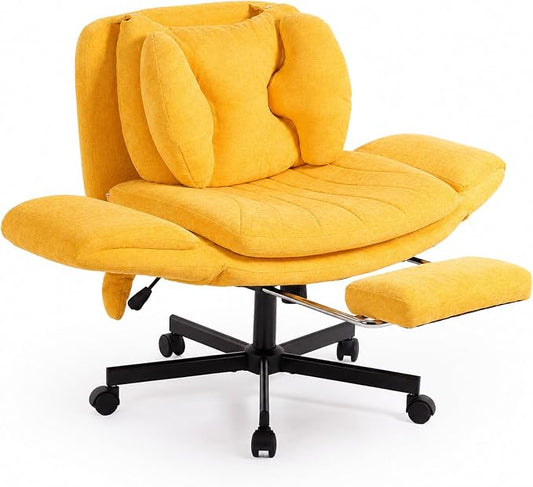 Criss Cross Office Chair with Footrest and 5-Gear Adjustable Arms, Yellow | Wide seat cross-legged desk chair, flip lumbar pillow, airbag support, linen fabric, for home office, vanity and meditation