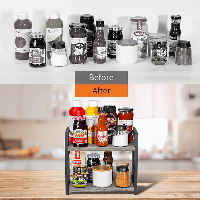 Giikin Countertop Shelf Organizer, 2 Tier Kitchen Spice Rack for Countertop, Wood Kitchen Counter Shelf for Home, Coffee Station Organizer (Grey,S)