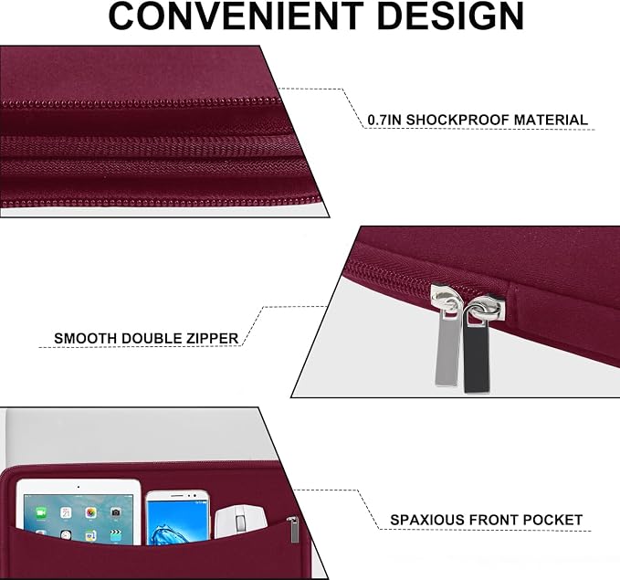 Laptop Sleeve 14 inch, Shockproof Protective Laptop Cover Briefcase Carrying Computer Bag with Accessory Pocket Portable Computer Sleeve for 14" MacBook, HP, Dell, Lenovo, Acer, Wine Red